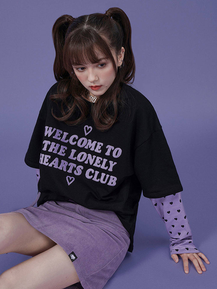 Black and Purple Mock Two-piece Loose Long-sleeve Sweatshirt