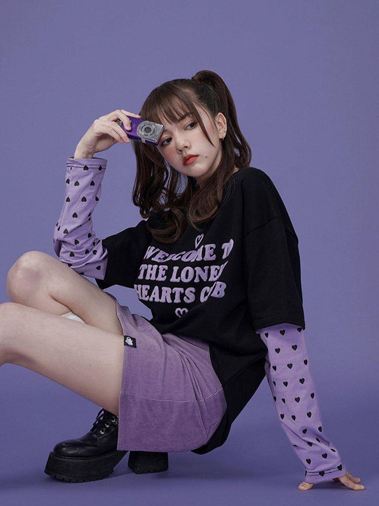 Black and Purple Mock Two-piece Loose Long-sleeve Sweatshirt