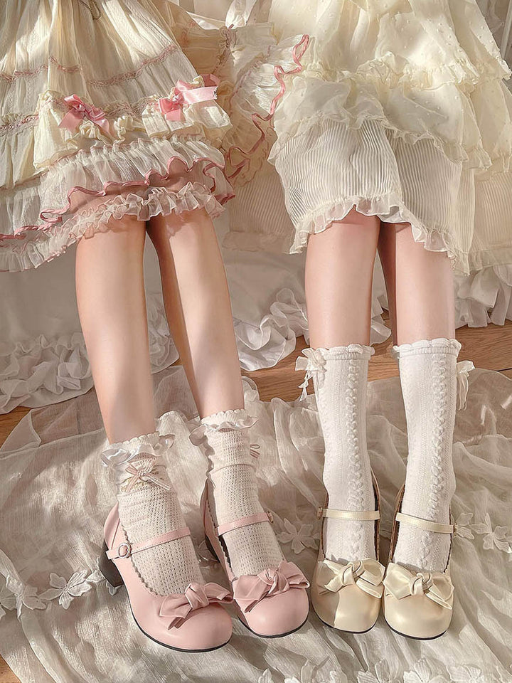 Beige Lolita Round-Toe Bow Shoes