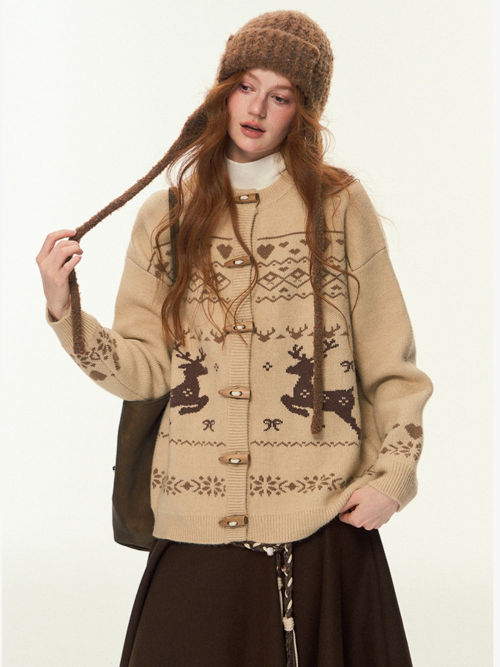 Deer Motif Open Front Knit Sweater