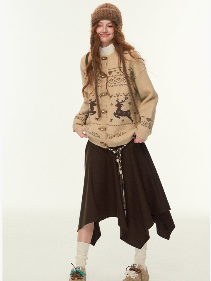 Deer Motif Open Front Knit Sweater