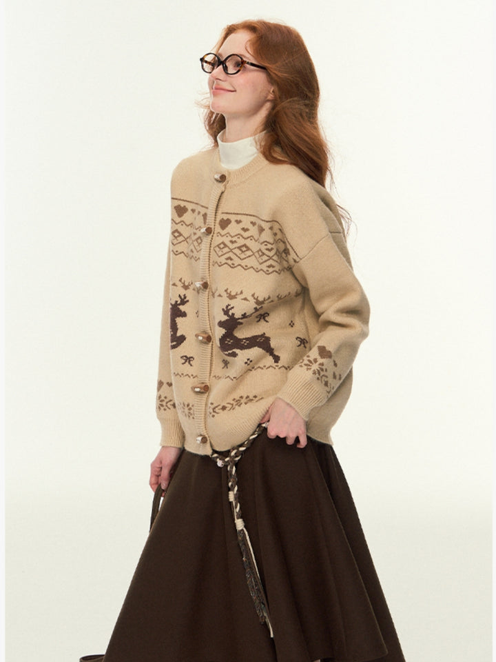 Deer Motif Open Front Knit Sweater