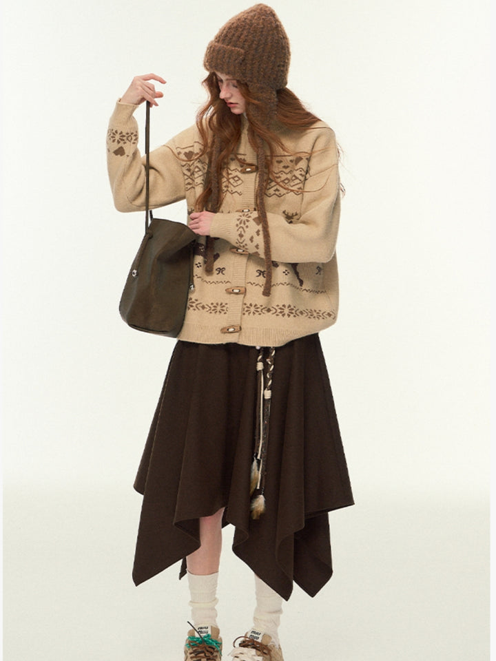 Deer Motif Open Front Knit Sweater