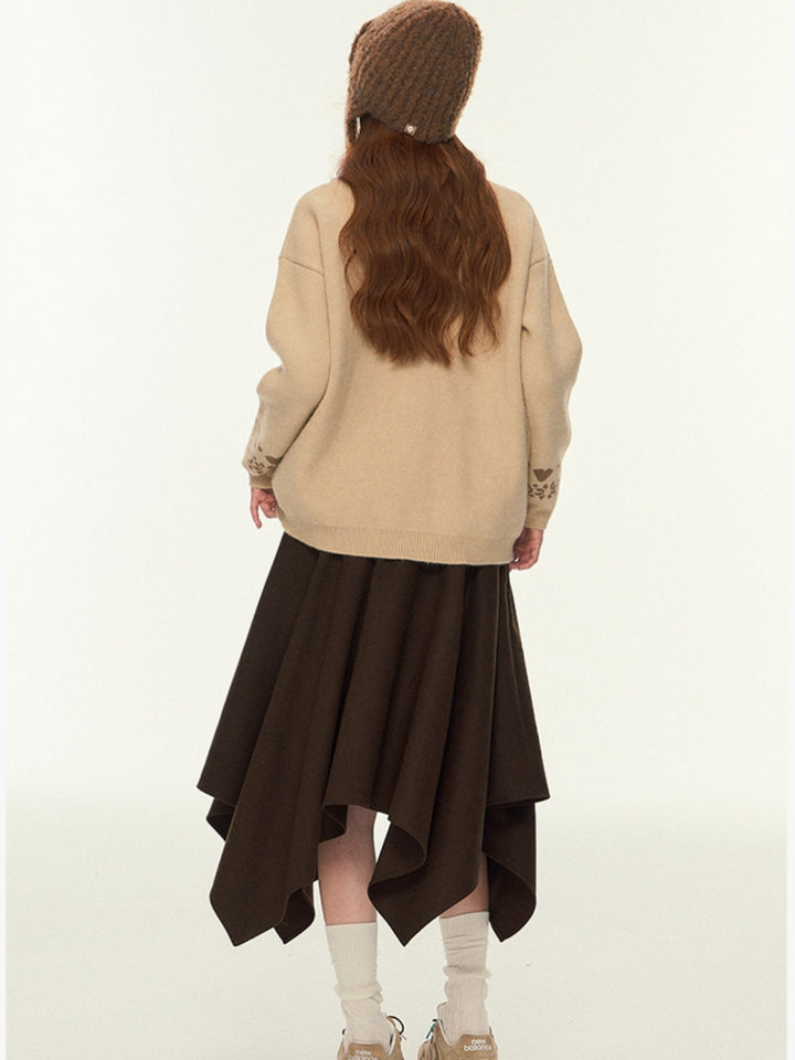 Deer Motif Open Front Knit Sweater