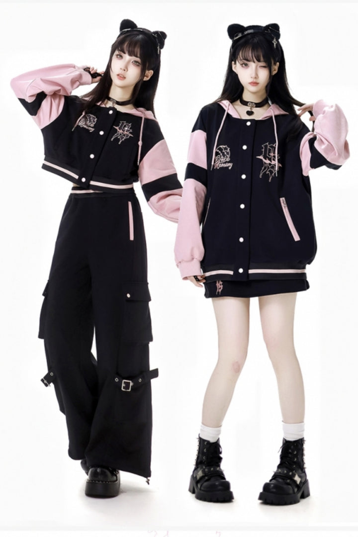 Pink and Black American Baseball Jacket / Casual Pants / Skirt