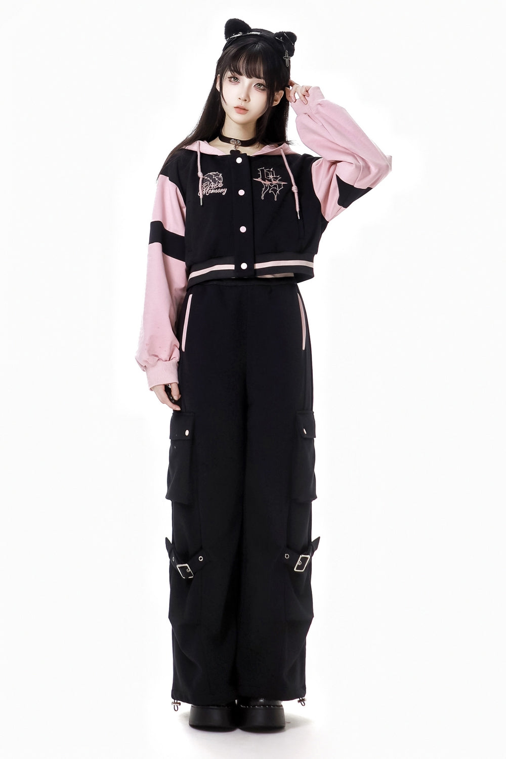 Pink and Black American Baseball Jacket / Casual Pants / Skirt