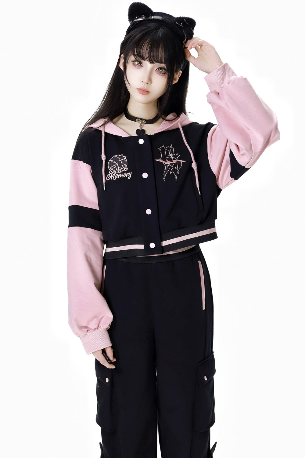 Pink and Black American Baseball Jacket / Casual Pants / Skirt