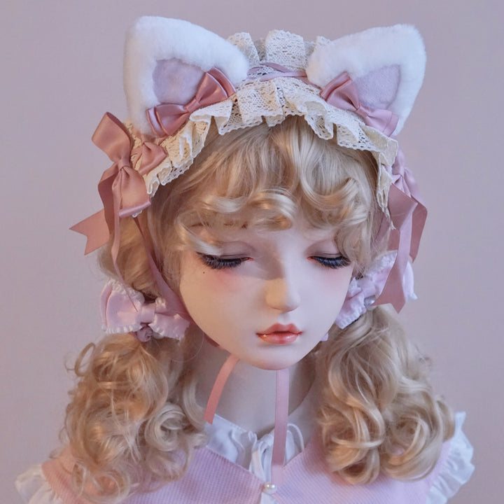 Pink and White Cat Ear Bow Headband