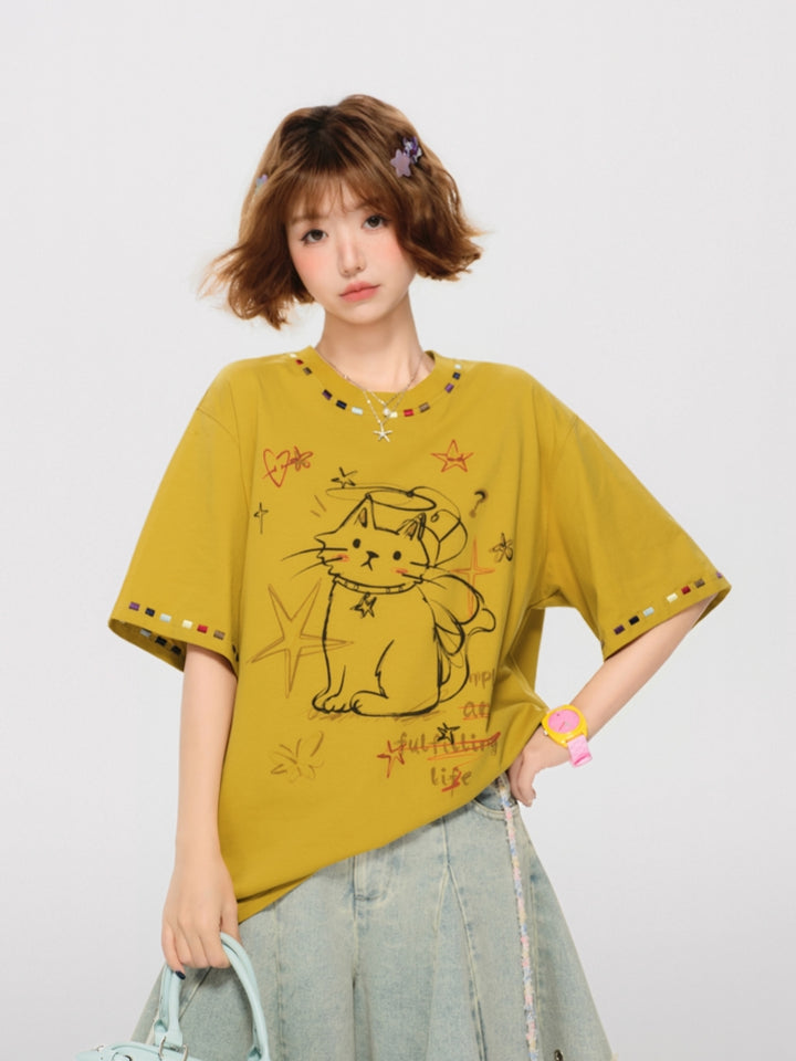 Comfy Cat Pattern Summer T-Shirt