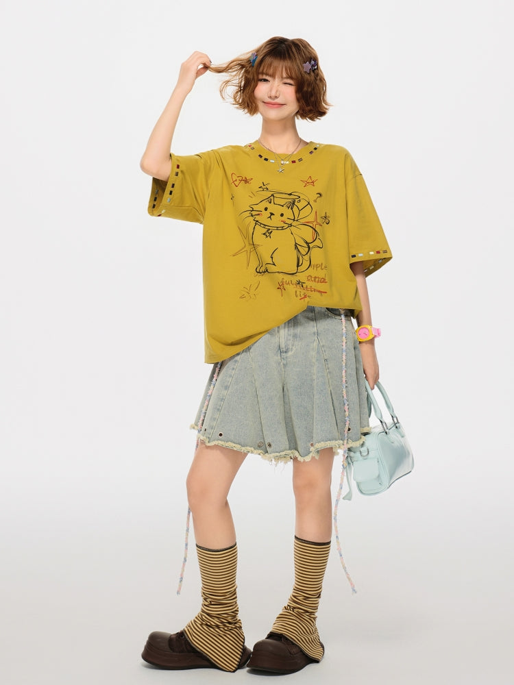 Comfy Cat Pattern Summer T-Shirt