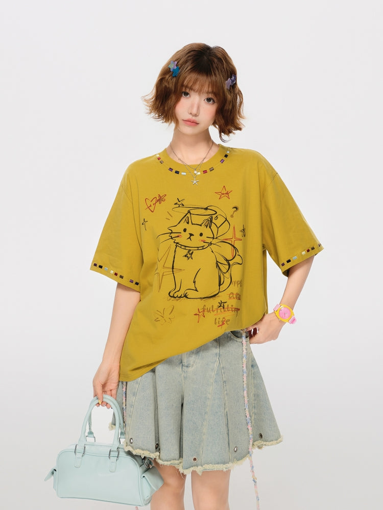 Comfy Cat Pattern Summer T-Shirt