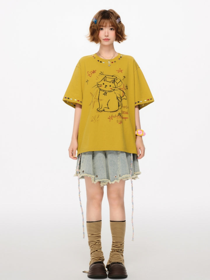 Comfy Cat Pattern Summer T-Shirt