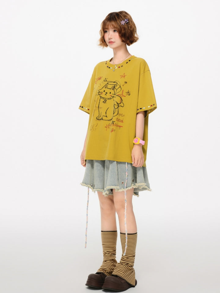 Comfy Cat Pattern Summer T-Shirt