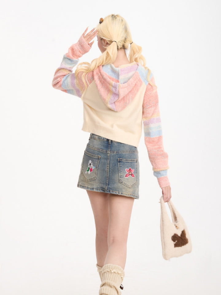 Playful Kitty Jacquard Cropped Knit Hoodie