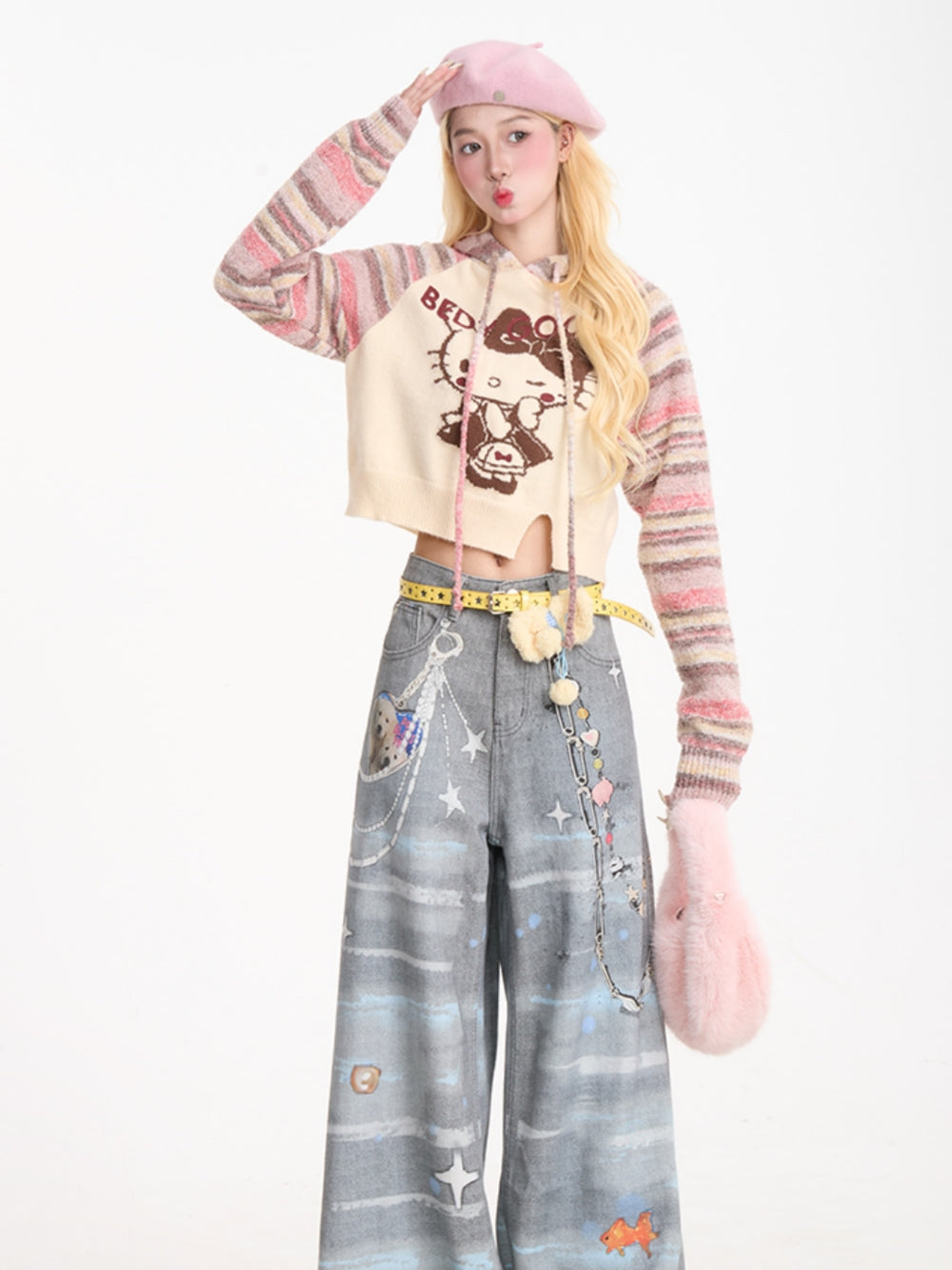 Playful Kitty Jacquard Cropped Knit Hoodie
