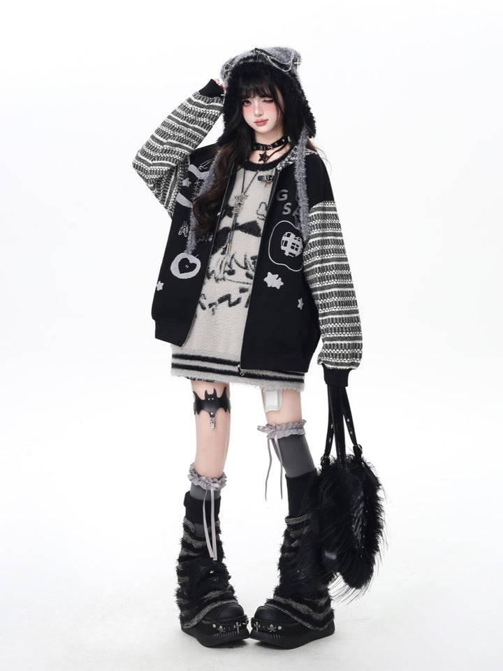 Playful Striped Hoodie - Embroidered Oversized Streetwear