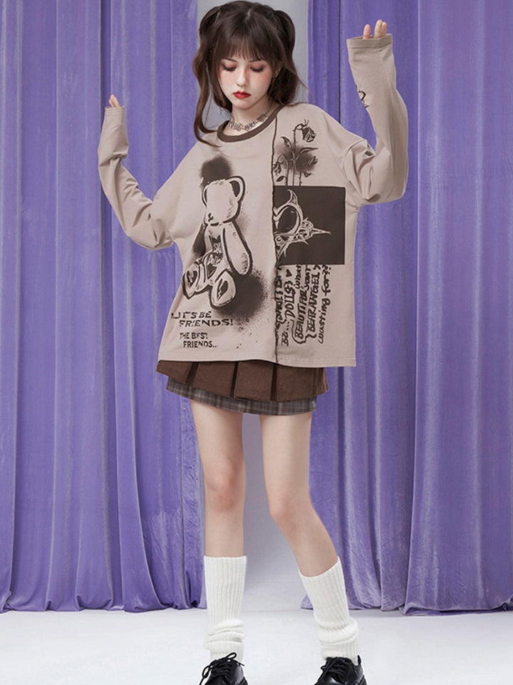 Playful Bear Print Patchwork Relaxed Fit Tee