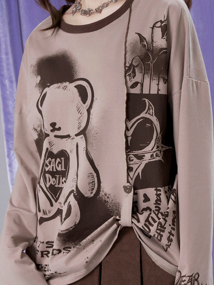 Playful Bear Print Patchwork Relaxed Fit Tee