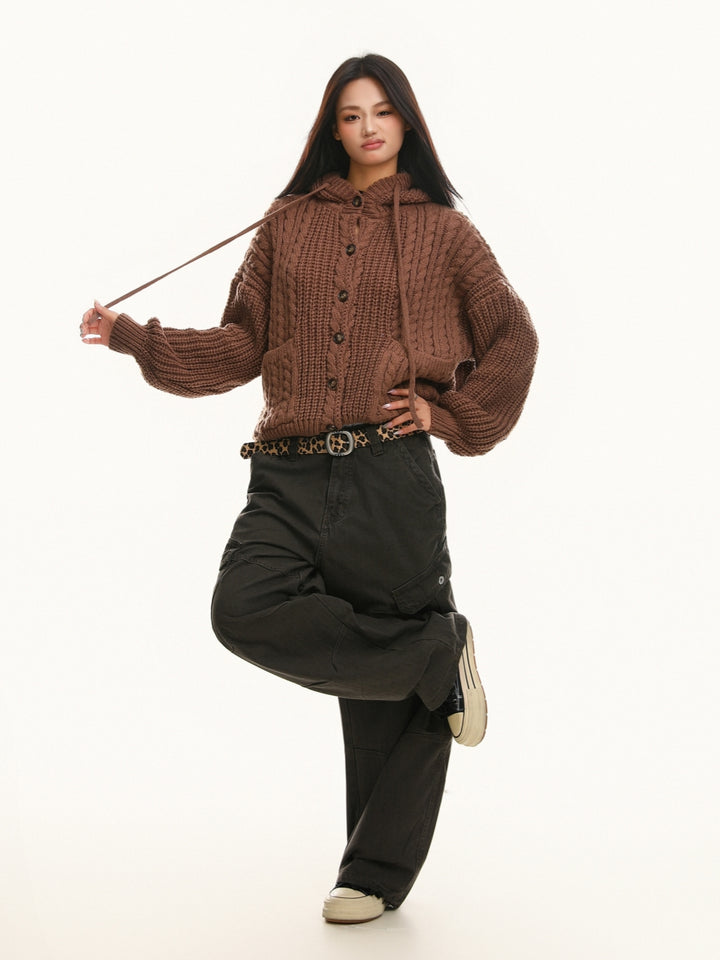 Premium Vintage Chunky Knit Hooded Cardigan Sweater