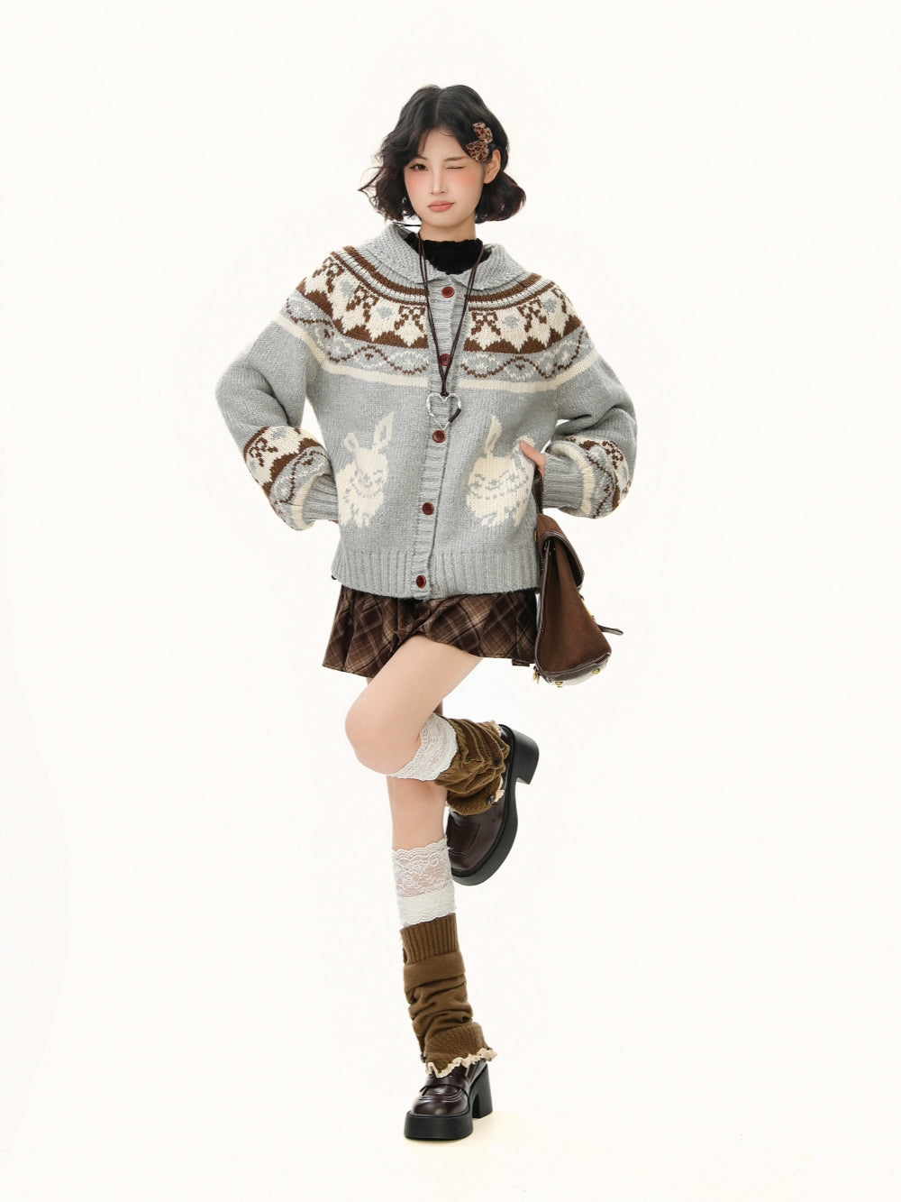Rabbit Jacquard Cardigan with Peter Pan Collar - Sweet Preppy Knit Coat