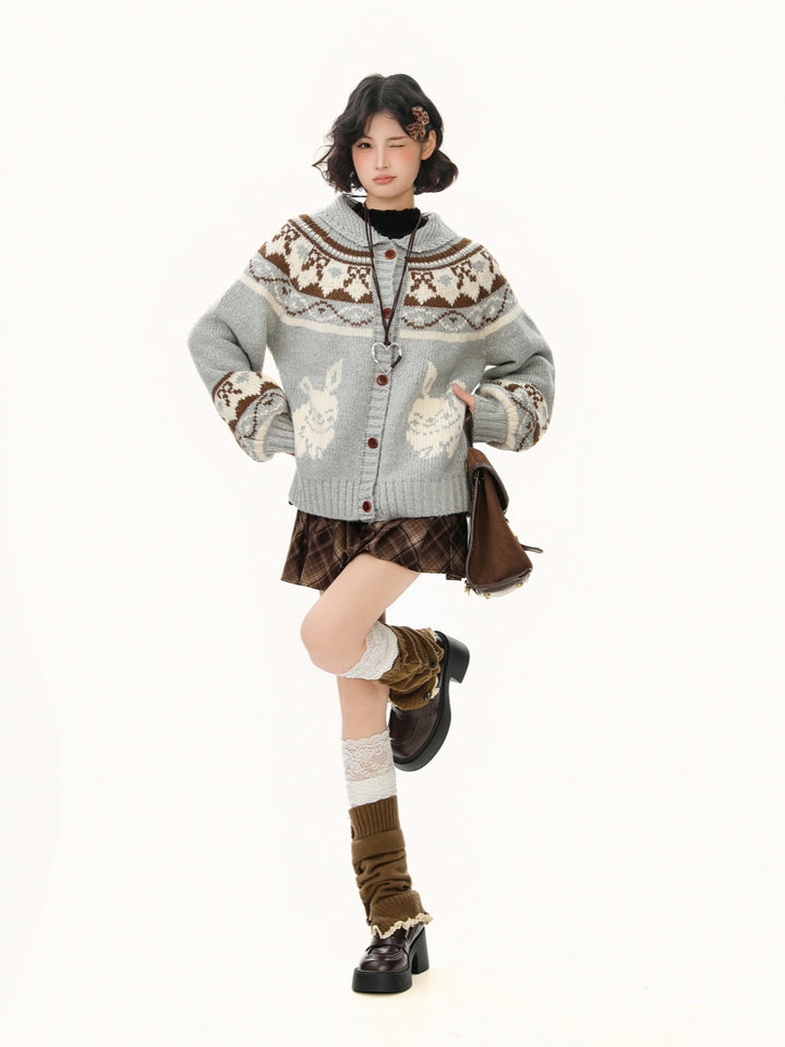 Rabbit Jacquard Cardigan with Peter Pan Collar - Sweet Preppy Knit Coat