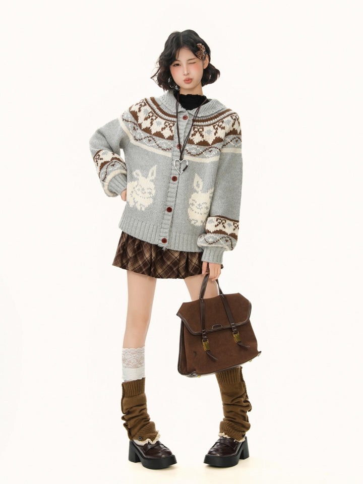 Rabbit Jacquard Cardigan with Peter Pan Collar - Sweet Preppy Knit Coat