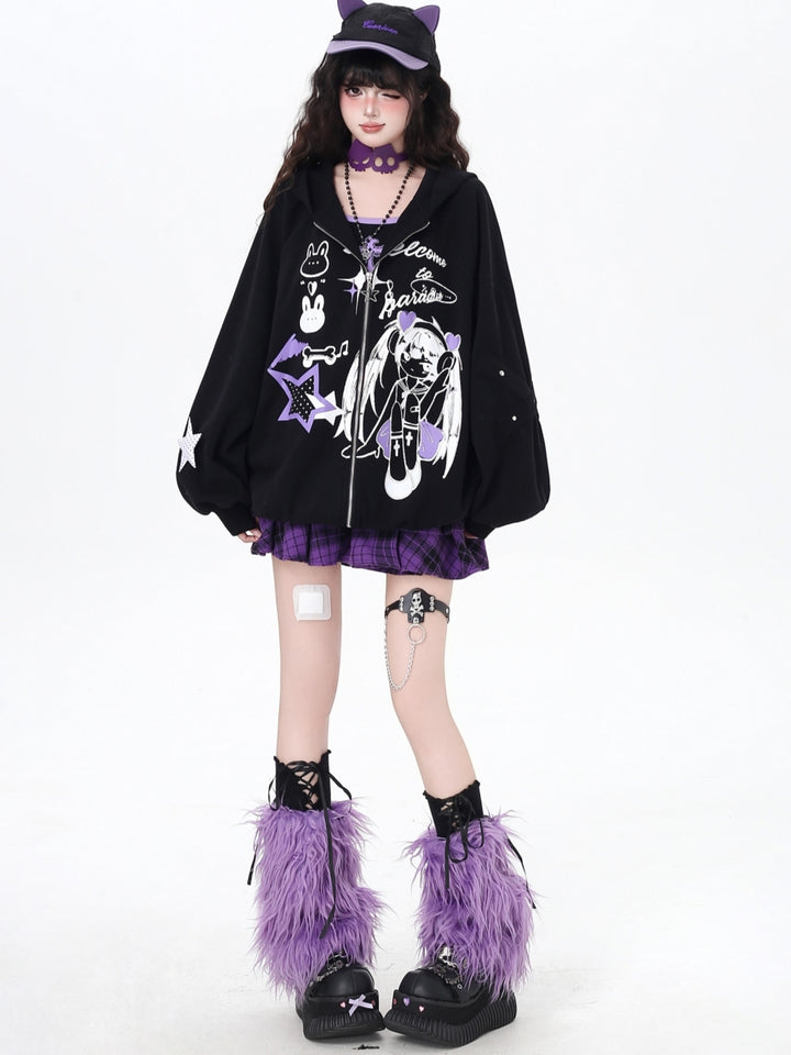 Reality Glitch Y2K Print Zip-Up Hoodie