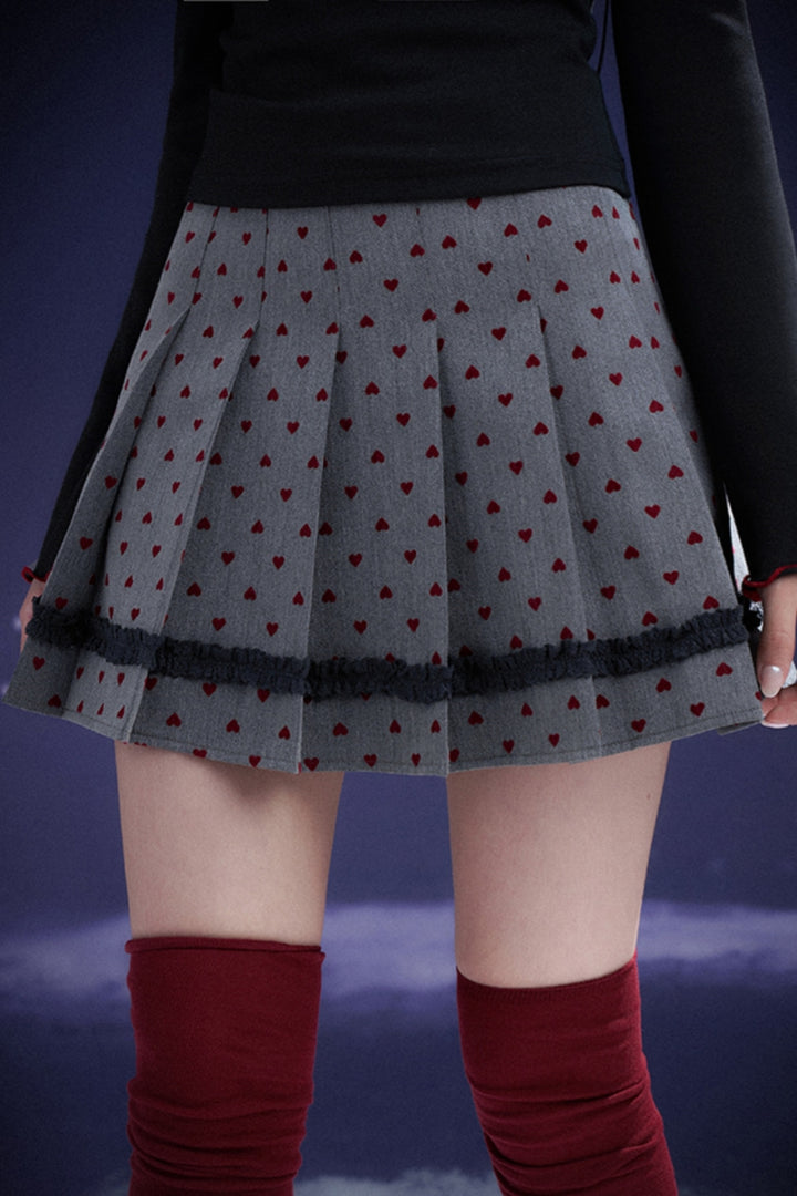 Red Flocked Pleated Skirt