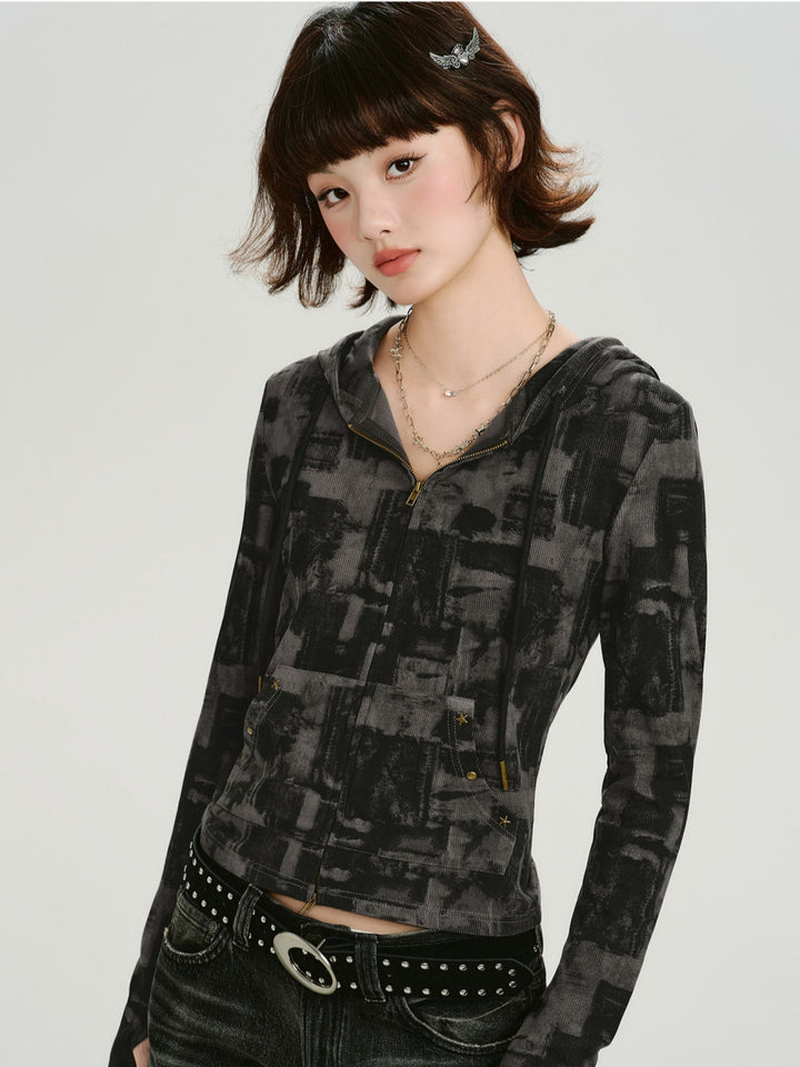 Y2K Abstract Print Zip Up Y2K Hoodie