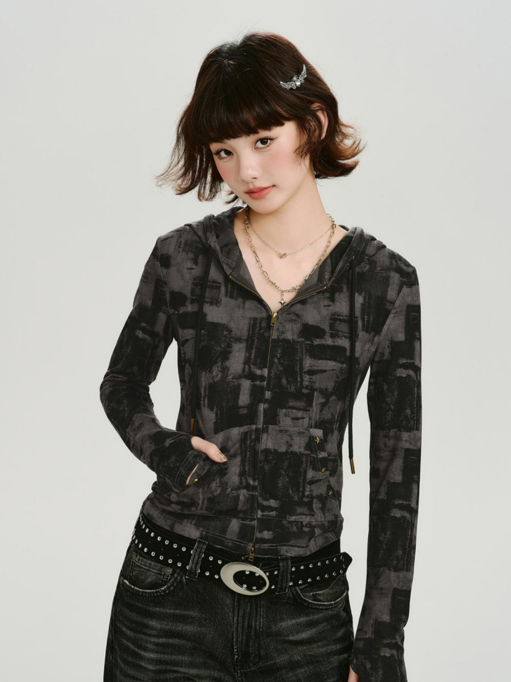 Y2K Abstract Print Zip Up Y2K Hoodie