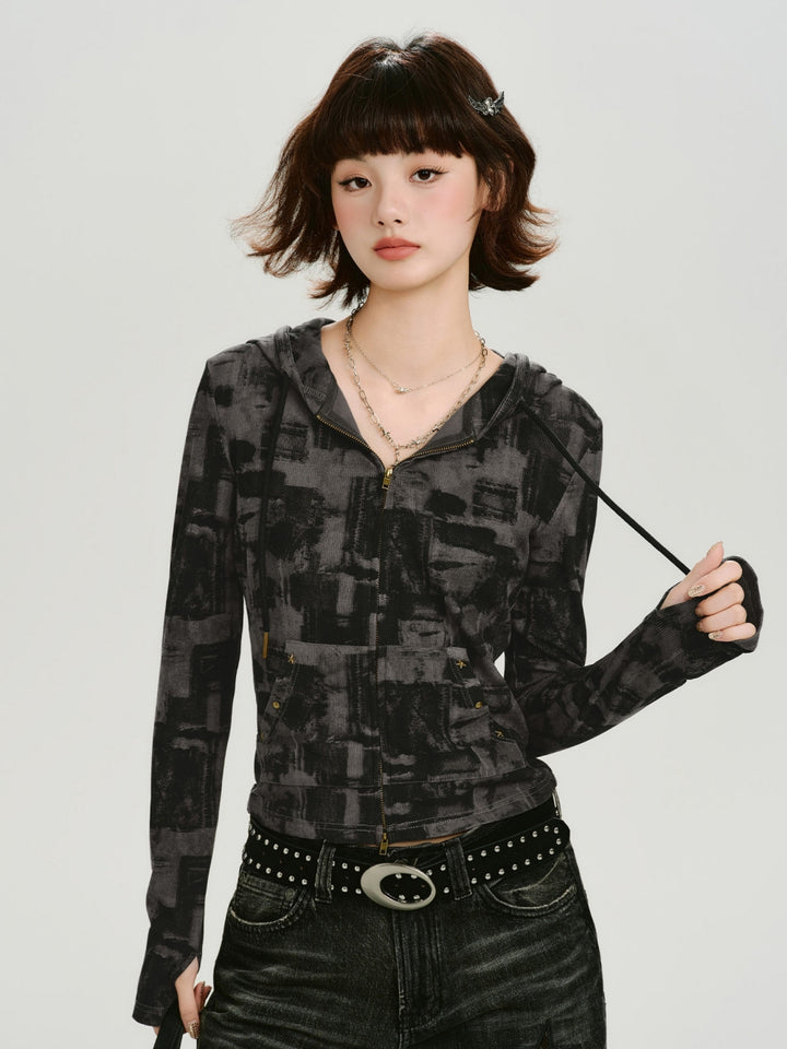 Y2K Abstract Print Zip Up Y2K Hoodie