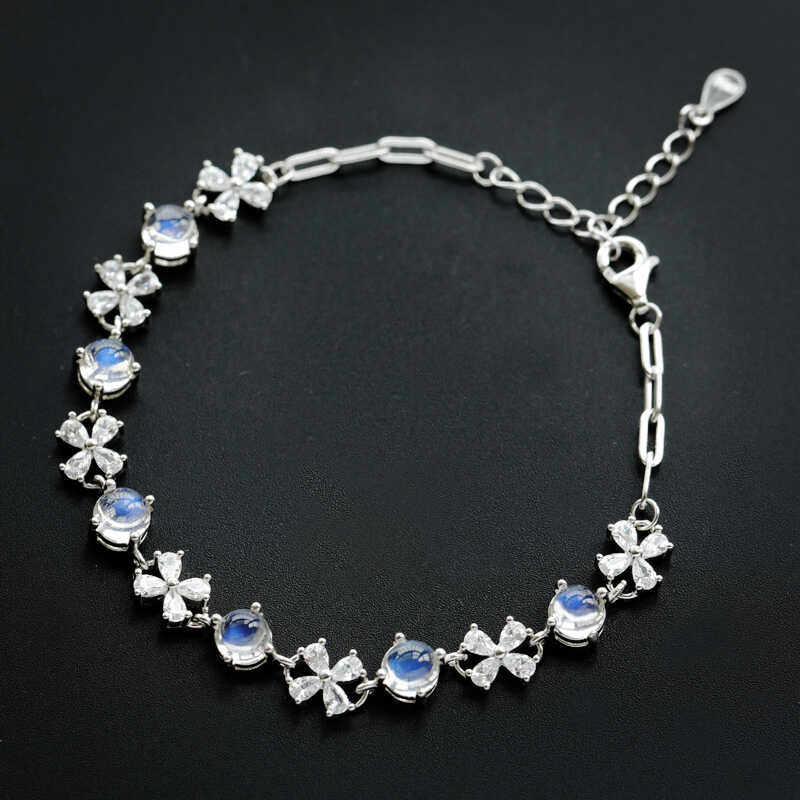 S925 Silver Chain with Natural Glass Body Moonstone - Blue Flash & Rainbow Sheen