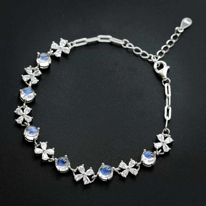 S925 Silver Chain with Natural Glass Body Moonstone - Blue Flash & Rainbow Sheen