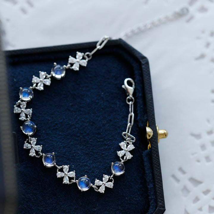 S925 Silver Chain with Natural Glass Body Moonstone - Blue Flash & Rainbow Sheen