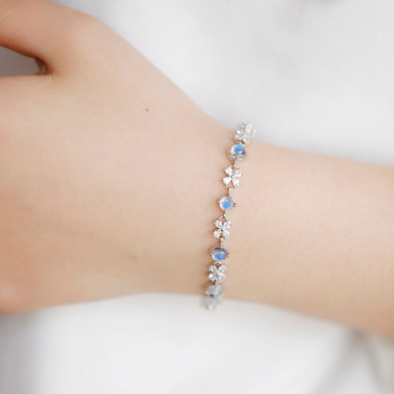 S925 Silver Chain with Natural Glass Body Moonstone - Blue Flash & Rainbow Sheen