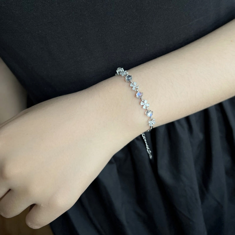 S925 Silver Chain with Natural Glass Body Moonstone - Blue Flash & Rainbow Sheen