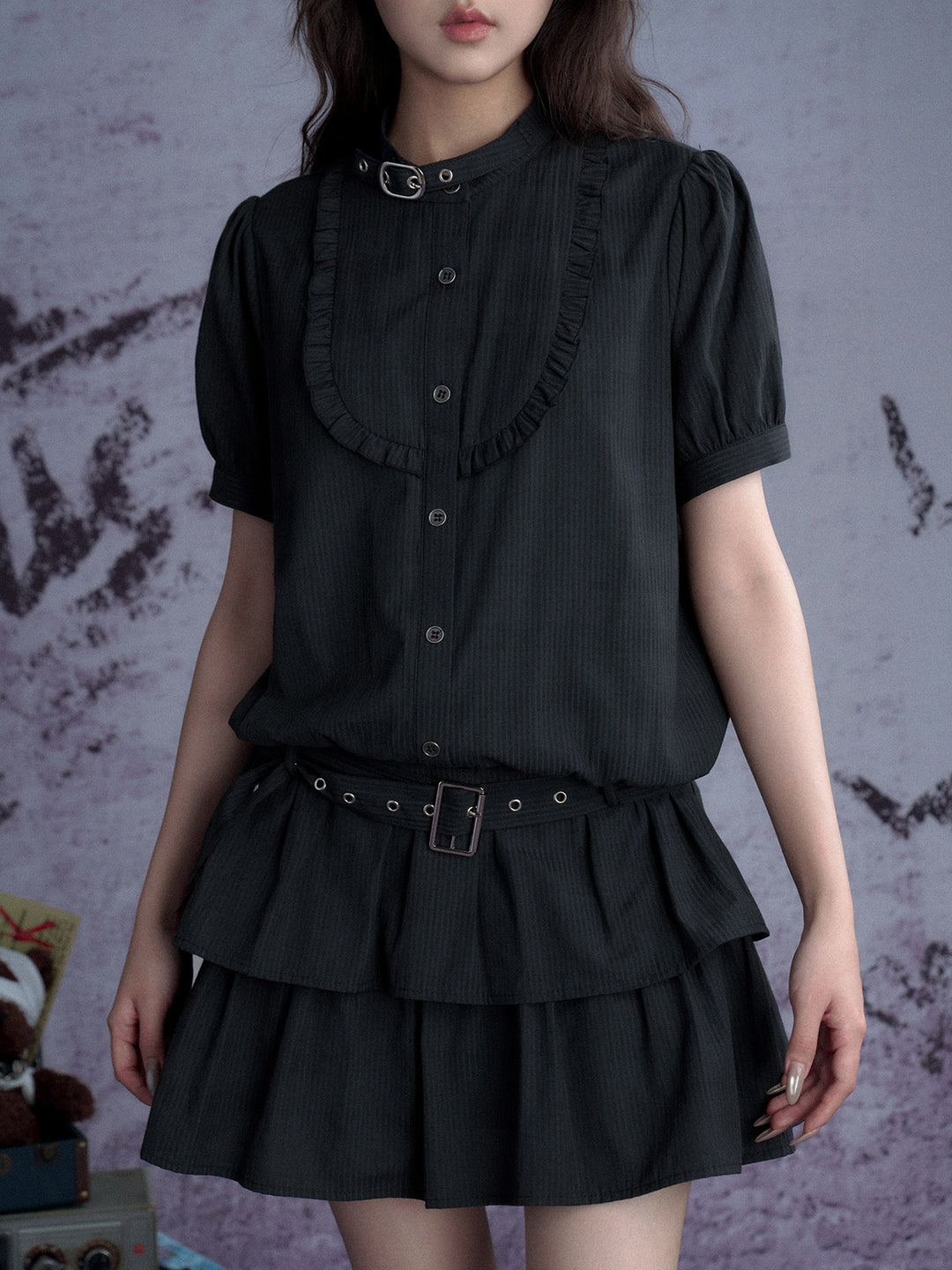 Buckle Collar Ruffle Mini Dress