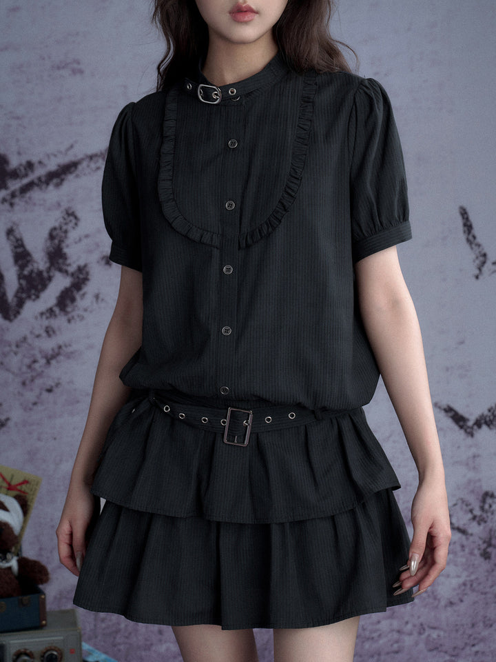 Buckle Collar Ruffle Mini Dress