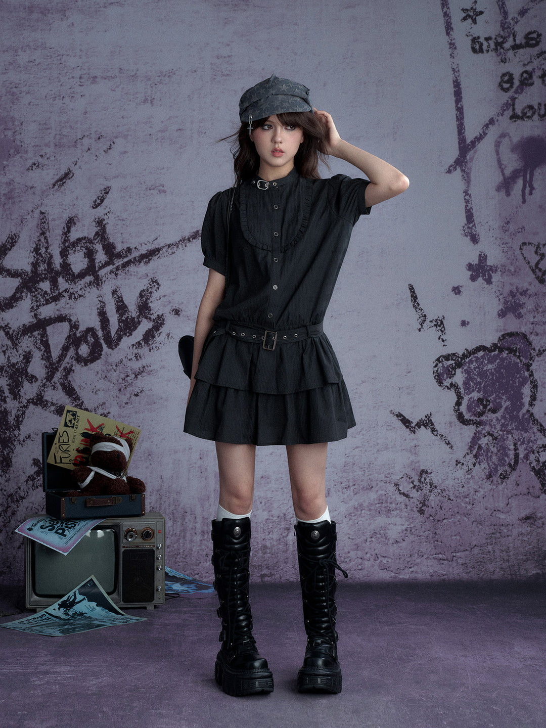 Buckle Collar Ruffle Mini Dress