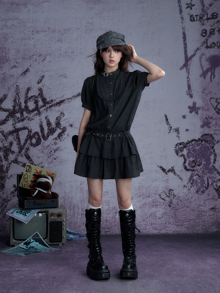 Buckle Collar Ruffle Mini Dress