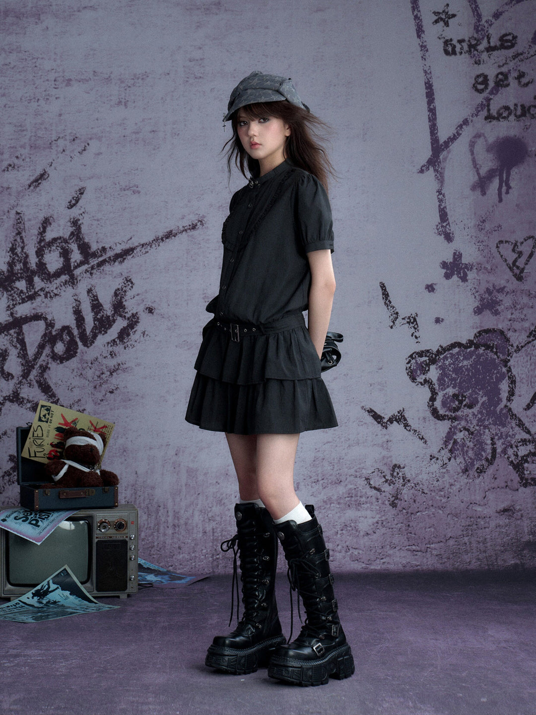Buckle Collar Ruffle Mini Dress