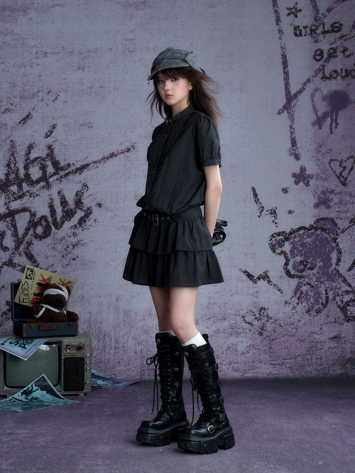 Buckle Collar Ruffle Mini Dress