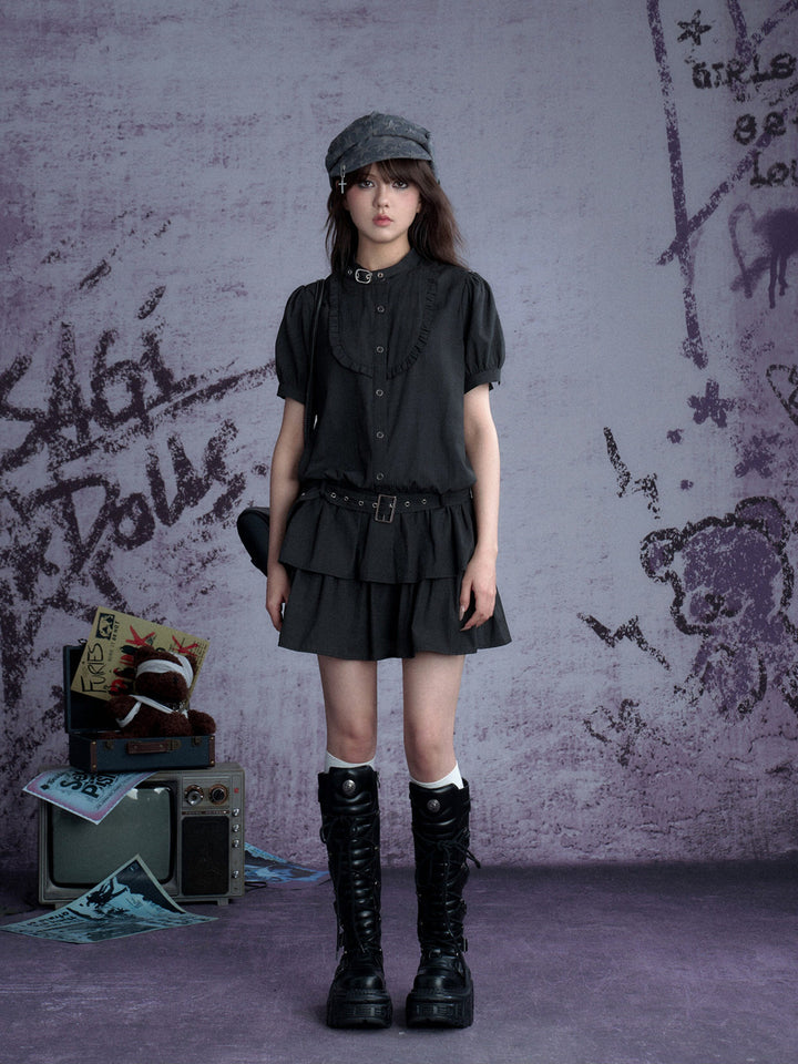Buckle Collar Ruffle Mini Dress