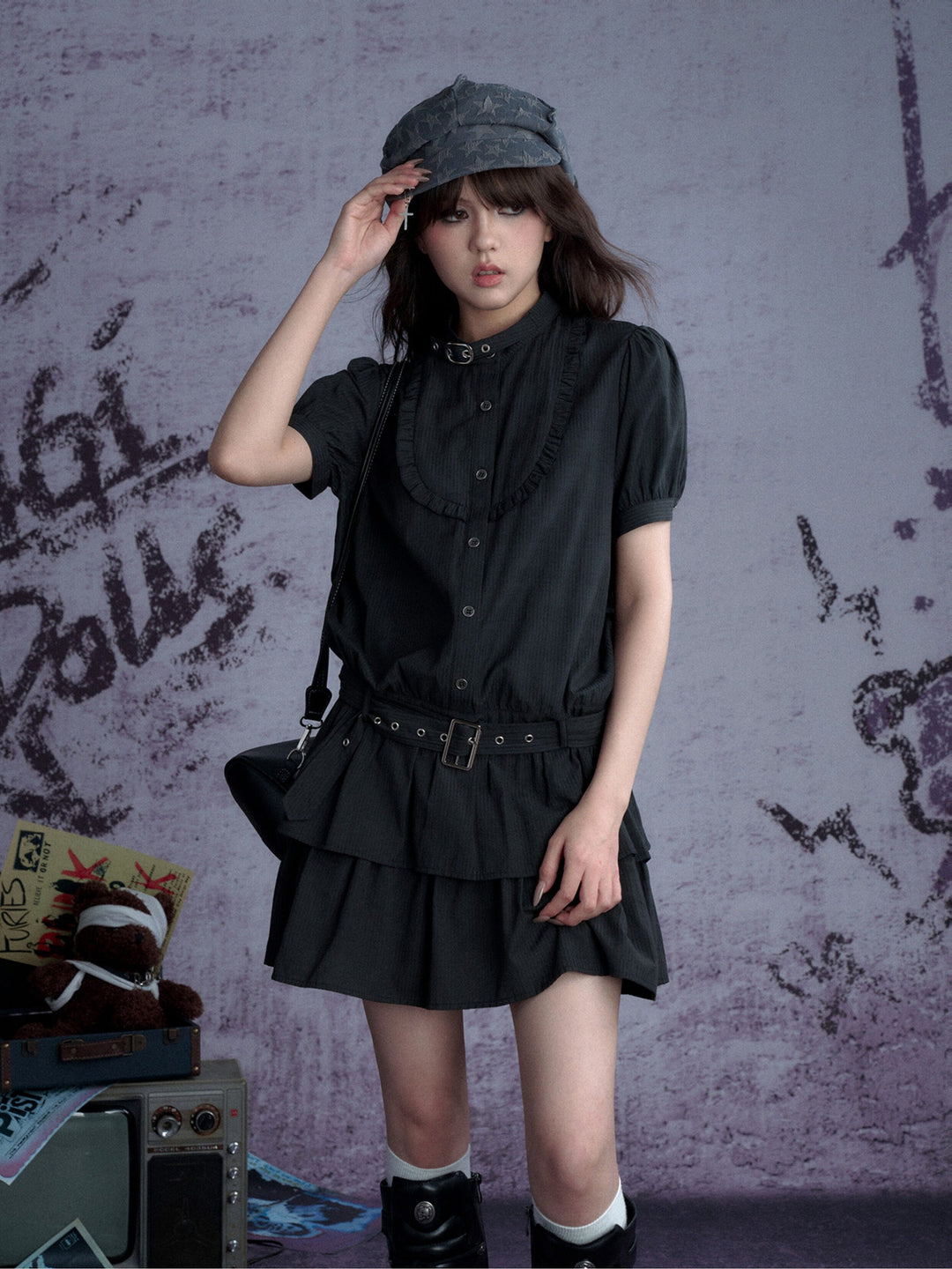 Buckle Collar Ruffle Mini Dress