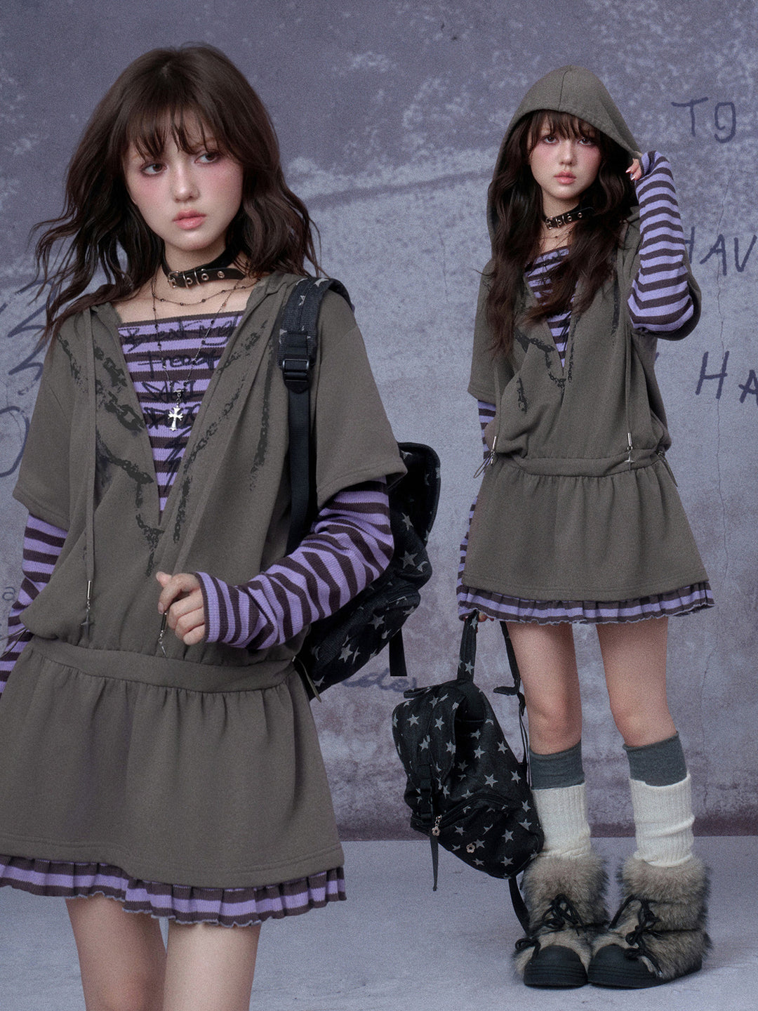 Grunge Layered Hooded Mini Dress