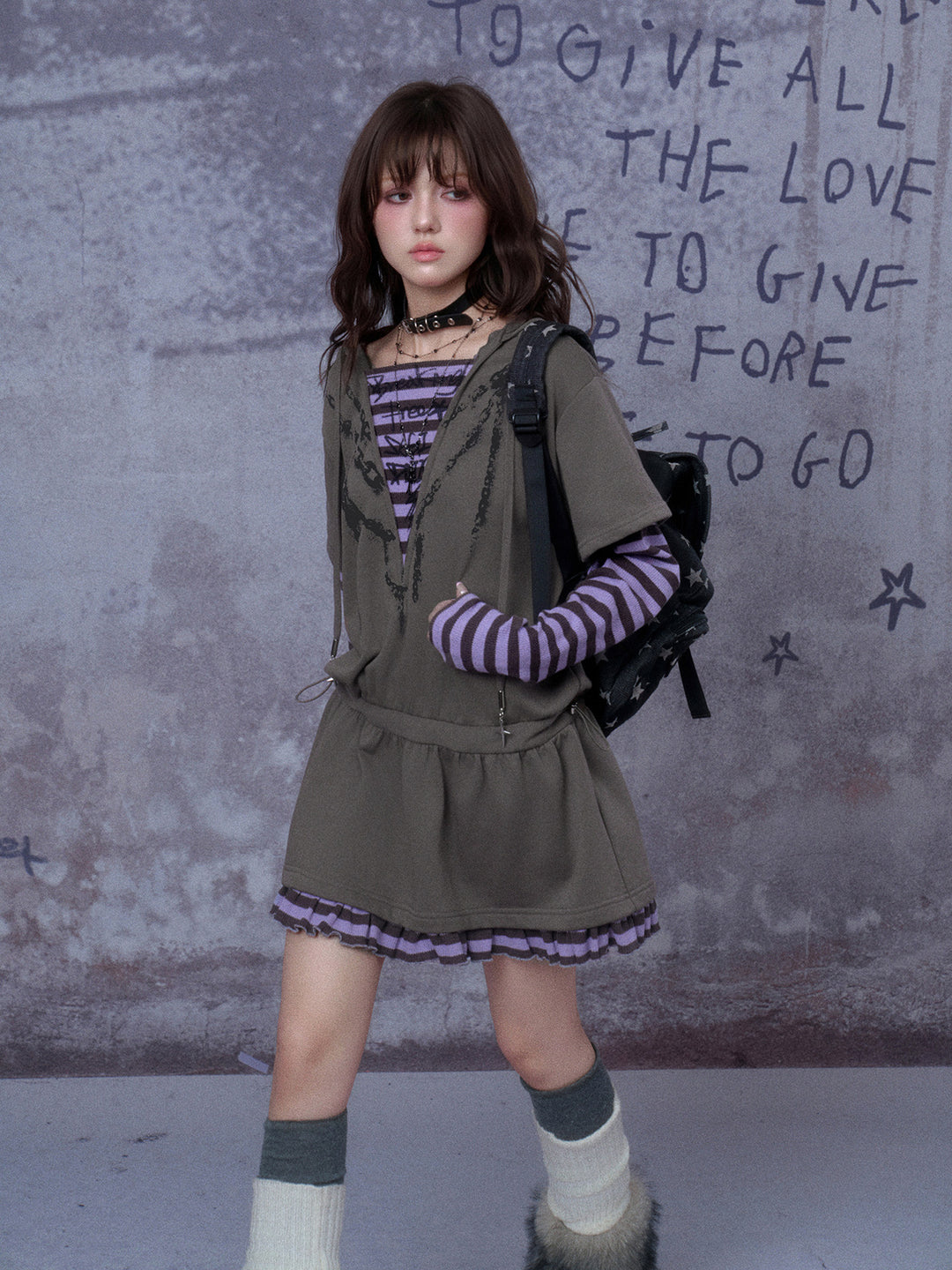 Grunge Layered Hooded Mini Dress