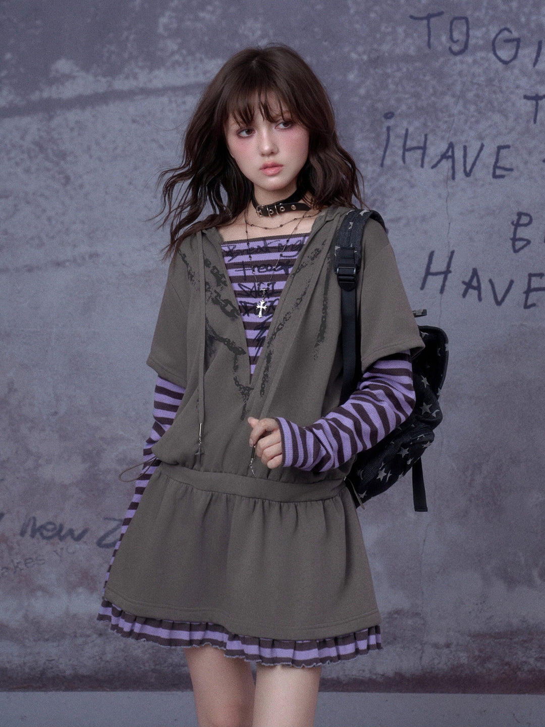 Grunge Layered Hooded Mini Dress