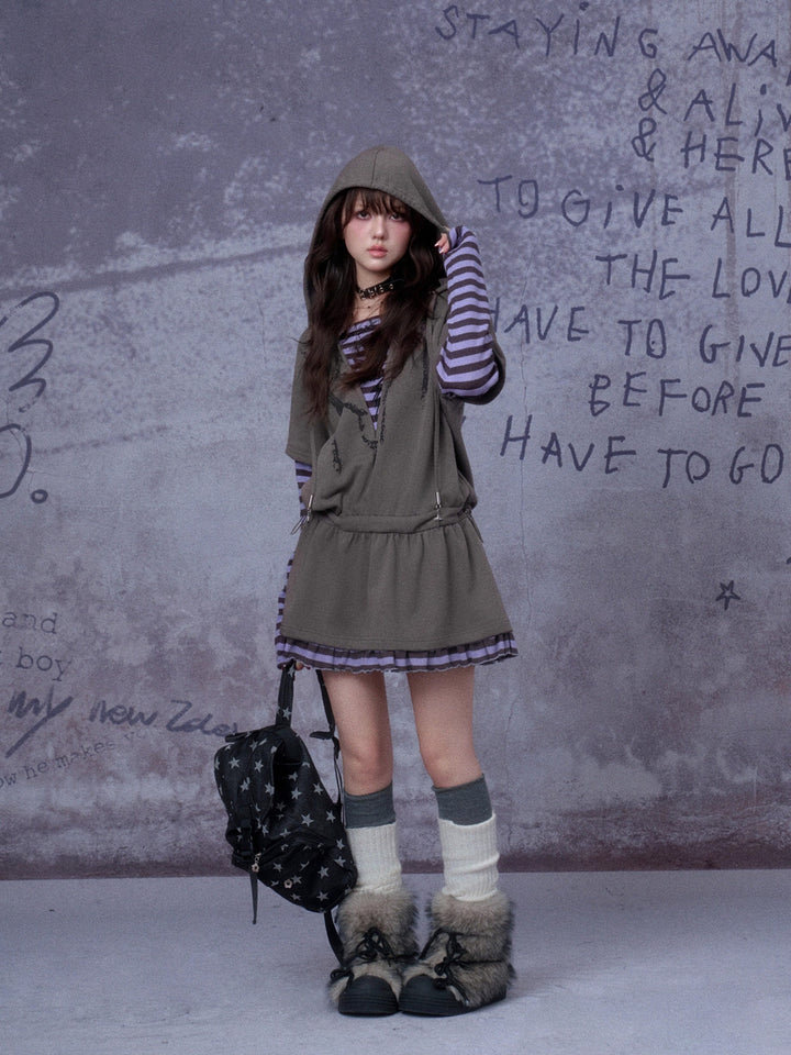 Grunge Layered Hooded Mini Dress