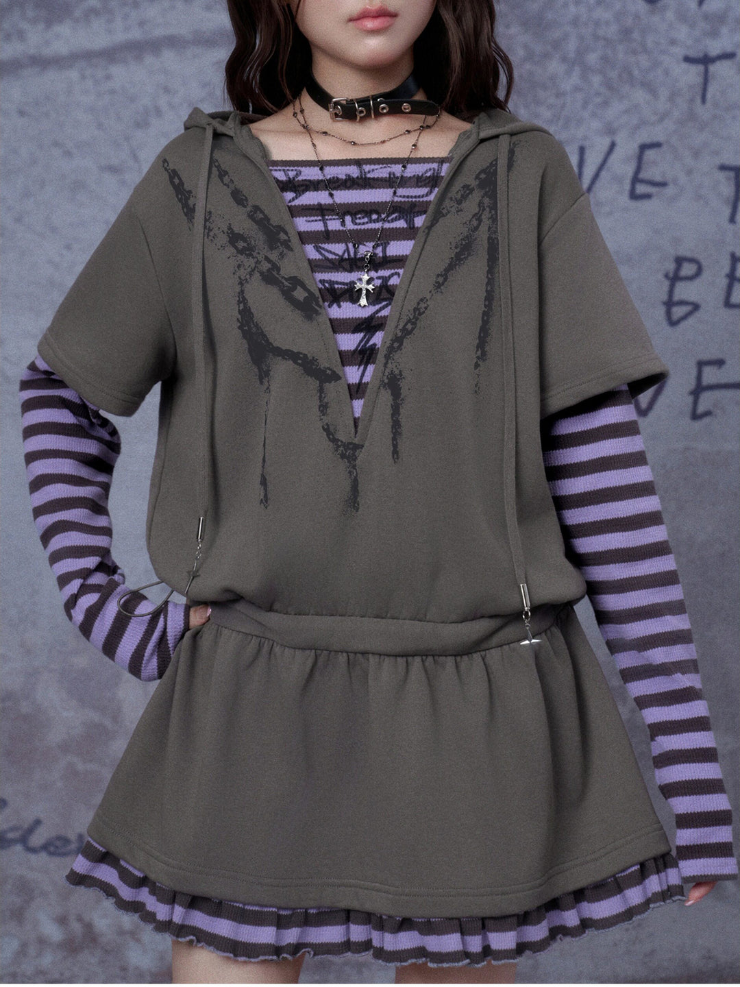 Grunge Layered Hooded Mini Dress