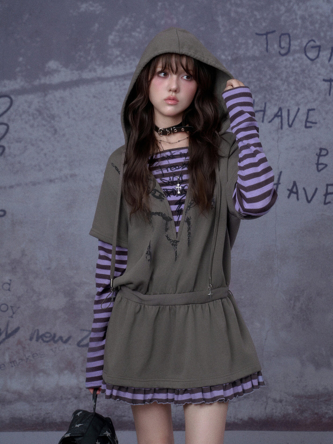 Grunge Layered Hooded Mini Dress